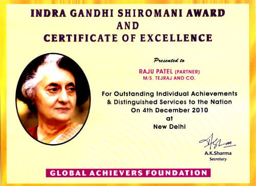 Indira Gandhi Shiromani Award certificate