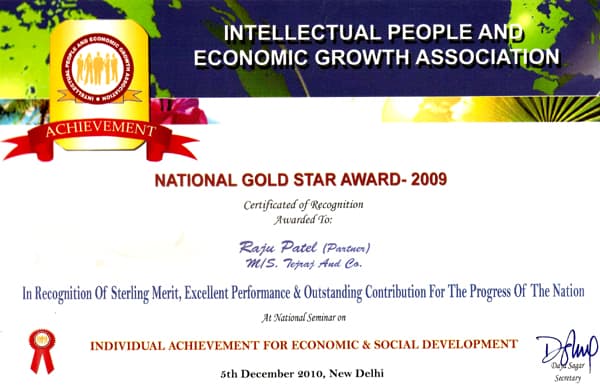 National Gold Star Award certificate